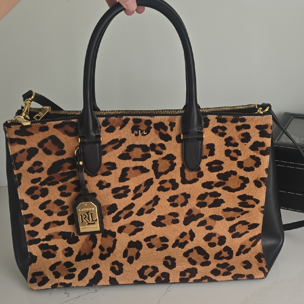 Ralph Lauren Leopard Print Satchel - Black and Tan